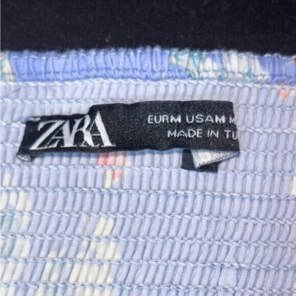 Zara Top Medium Blue Floral Ruched Back Crop Bustier Spaghetti Hook Eye Closure - Picture 2 of 13